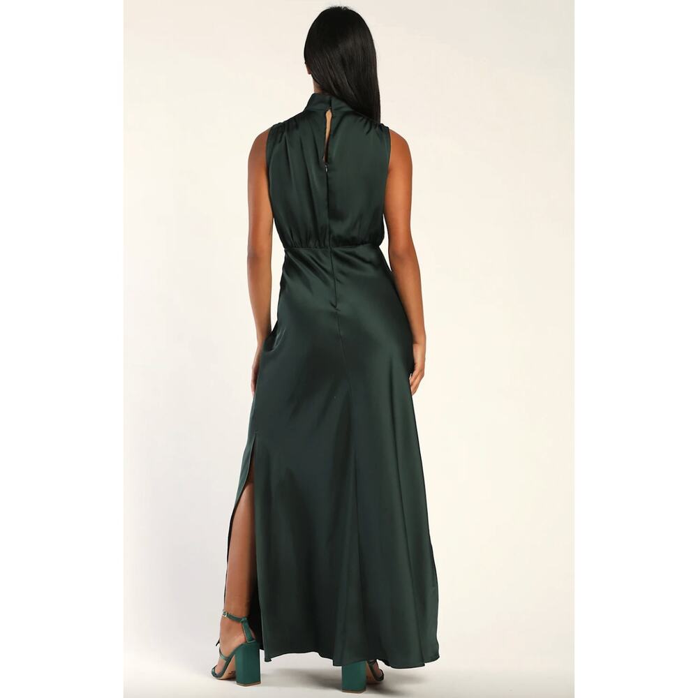 Lulus Classic Elegance Green Satin Sleeveless Mock Neck Maxi Dress Medium NWT - Picture 2 of 11